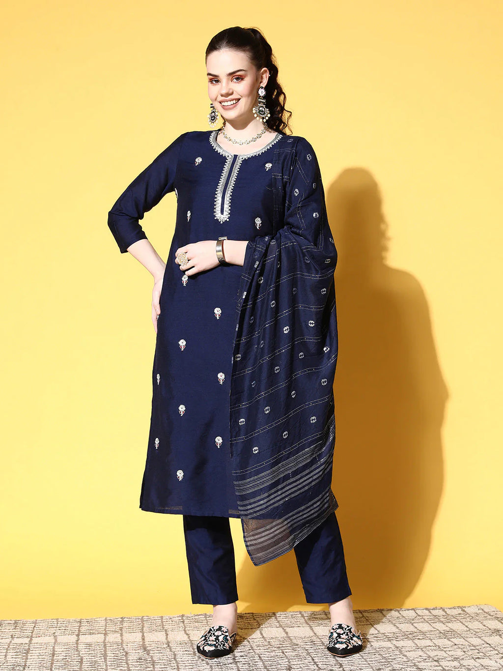 Navy Blue Cotton Blend Embroidered Suit Set with Dupatta
