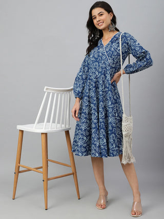 Cotton Navy Blue Floral Print Angrakha Western Style Dress