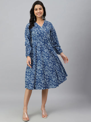 Cotton Navy Blue Floral Print Angrakha Western Style Dress