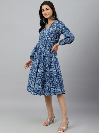 Cotton Navy Blue Floral Print Angrakha Western Style Dress