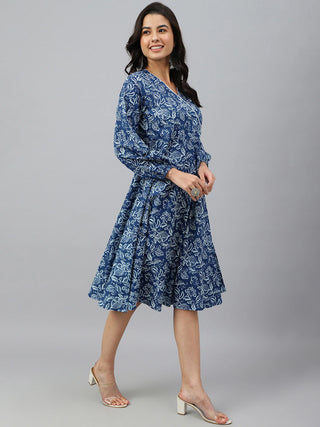 Cotton Navy Blue Floral Print Angrakha Western Style Dress