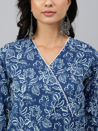 Cotton Navy Blue Floral Print Angrakha Western Style Dress