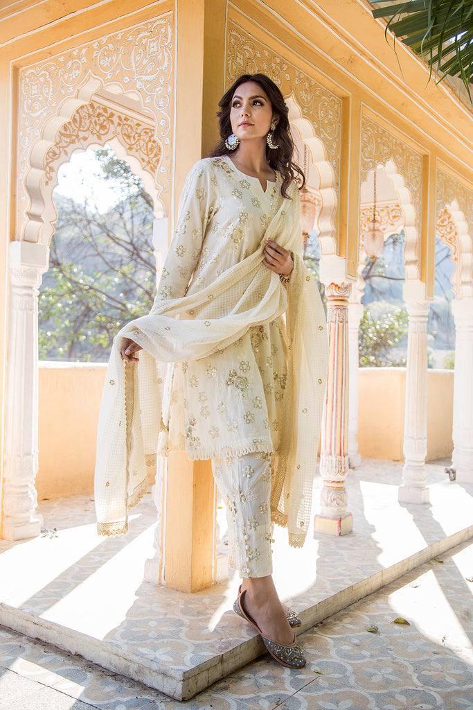 Cotton Off White Suit Set with Taari Detailing - Ria Fashions