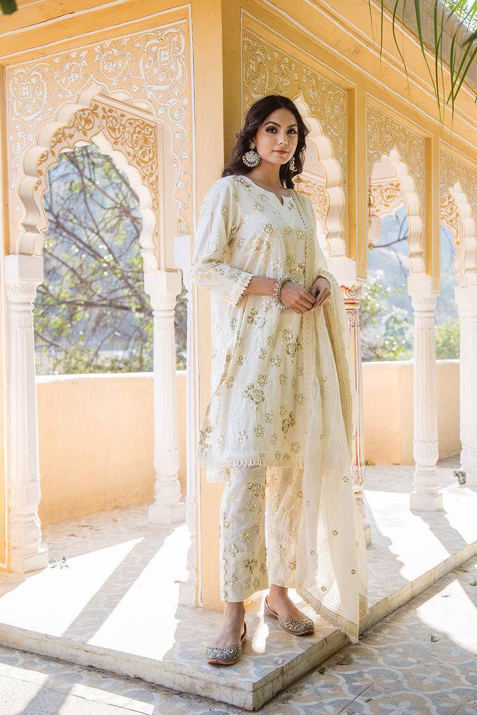 Cotton Off White Suit Set with Taari Detailing - Ria Fashions