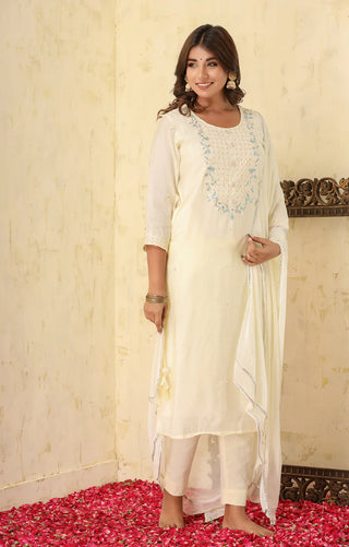 Off White Modal Silk Embroidered Suit Set with Dupatta