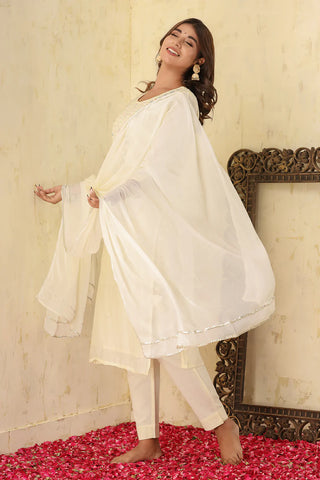 Off White Modal Silk Embroidered Suit Set with Dupatta