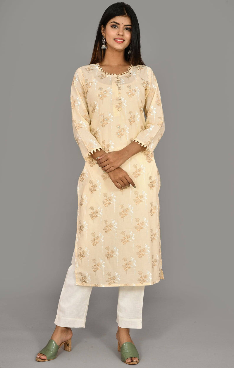 Yellow and Off White Straight Cut Tie Dye Kurti in Cotton 