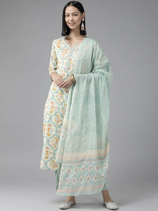 Cotton Off White & Green Printed Suit Set with Voile Dupatta