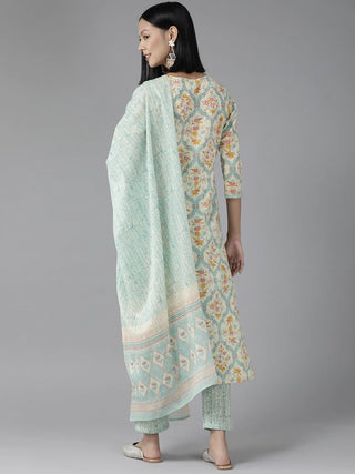 Cotton Off White & Green Printed Suit Set with Voile Dupatta