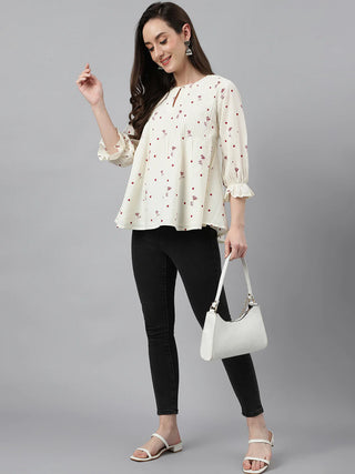 Off White Cotton Flared Printed Top