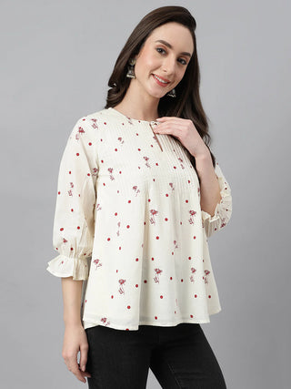 Off White Cotton Flared Printed Top