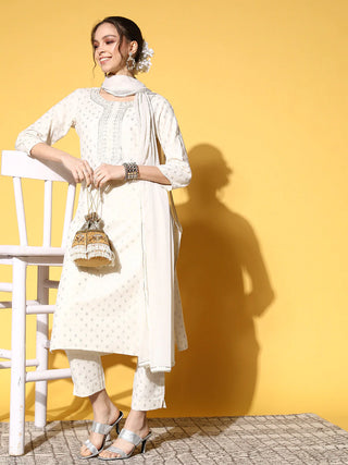 Off White Cotton Blend Yoke Design Suit Set with Dupatta