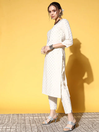 Off White Cotton Blend Yoke Design Suit Set with Dupatta