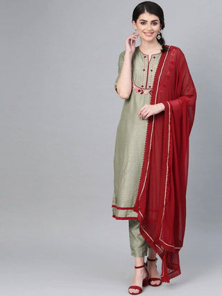 Green and Red Yoke Design Suit Set with Dupatta - Ria Fashions