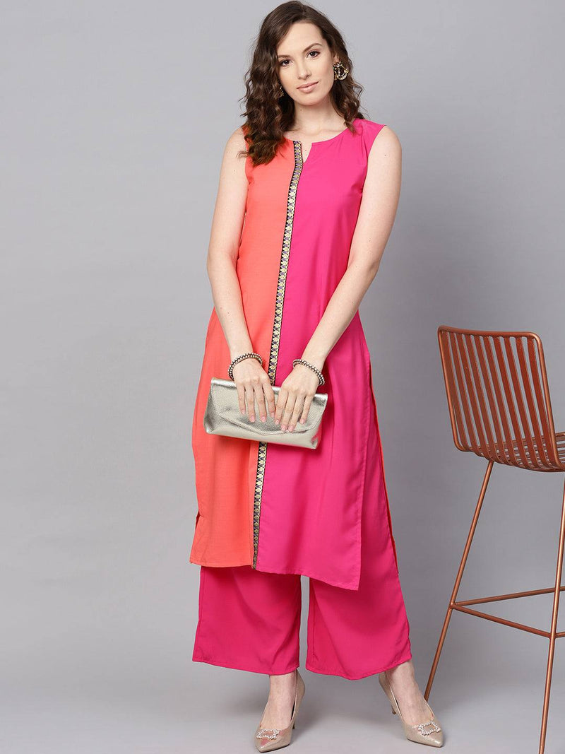 Solid Orange-Pink Crepe Kurta - Ria Fashions