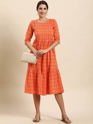 Cotton Orange Woven Design Dress - Ria Fashions