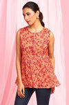 Orange Poly Georgette Sleeveless Floral Print Top - Ria Fashions