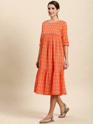 Cotton Orange Woven Design Dress - Ria Fashions