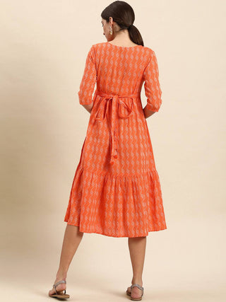 Cotton Orange Woven Design Dress - Ria Fashions