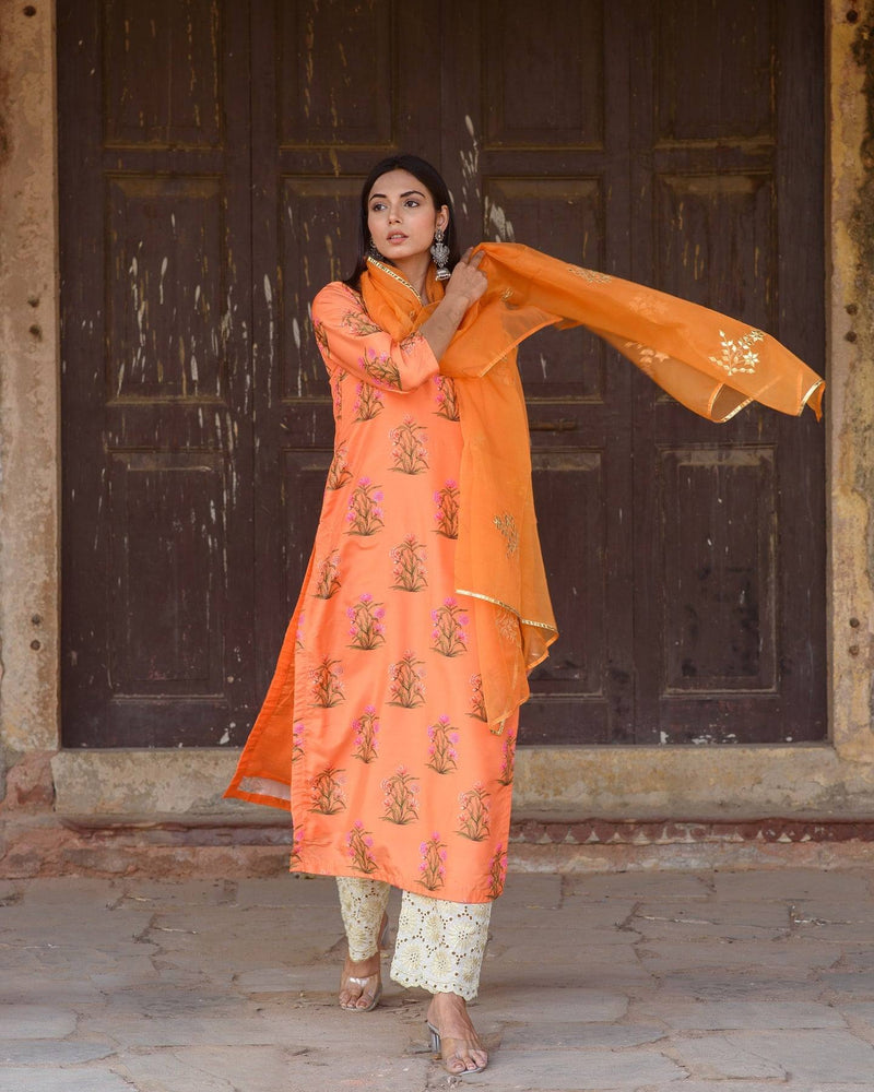 Orange Silk Printed Kurta Suit Set with Organza Dupatta - Ria Fashions