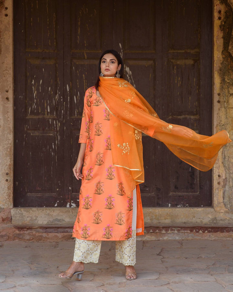 Orange Silk Printed Kurta Suit Set with Organza Dupatta - Ria Fashions