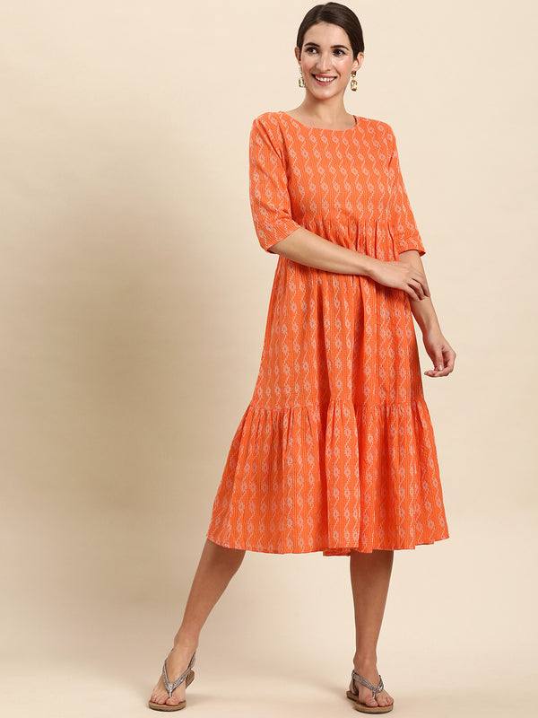 Cotton Orange Woven Design Dress - Ria Fashions