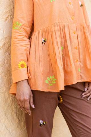 Orange Cotton Floral & Bee Embroidered Top with Brown Trouser