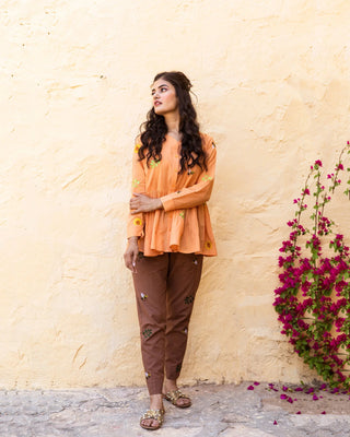 Orange Cotton Floral & Bee Embroidered Top with Brown Trouser