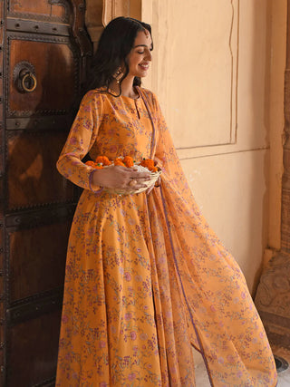 Orange Georgette Floral Print Anarkali Kurta with Mul Cotton Palazzo Pants and Georgette Dupatta