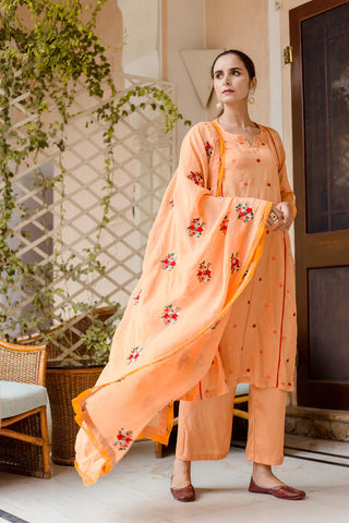 Orange Raw Silk Embroidered Suit Set with Organza Dupatta