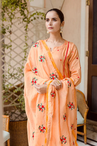 Orange Raw Silk Embroidered Suit Set with Organza Dupatta