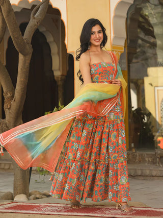 Orange Cotton Floral Print Tube Gown with Tie Dye Organza Dupatta