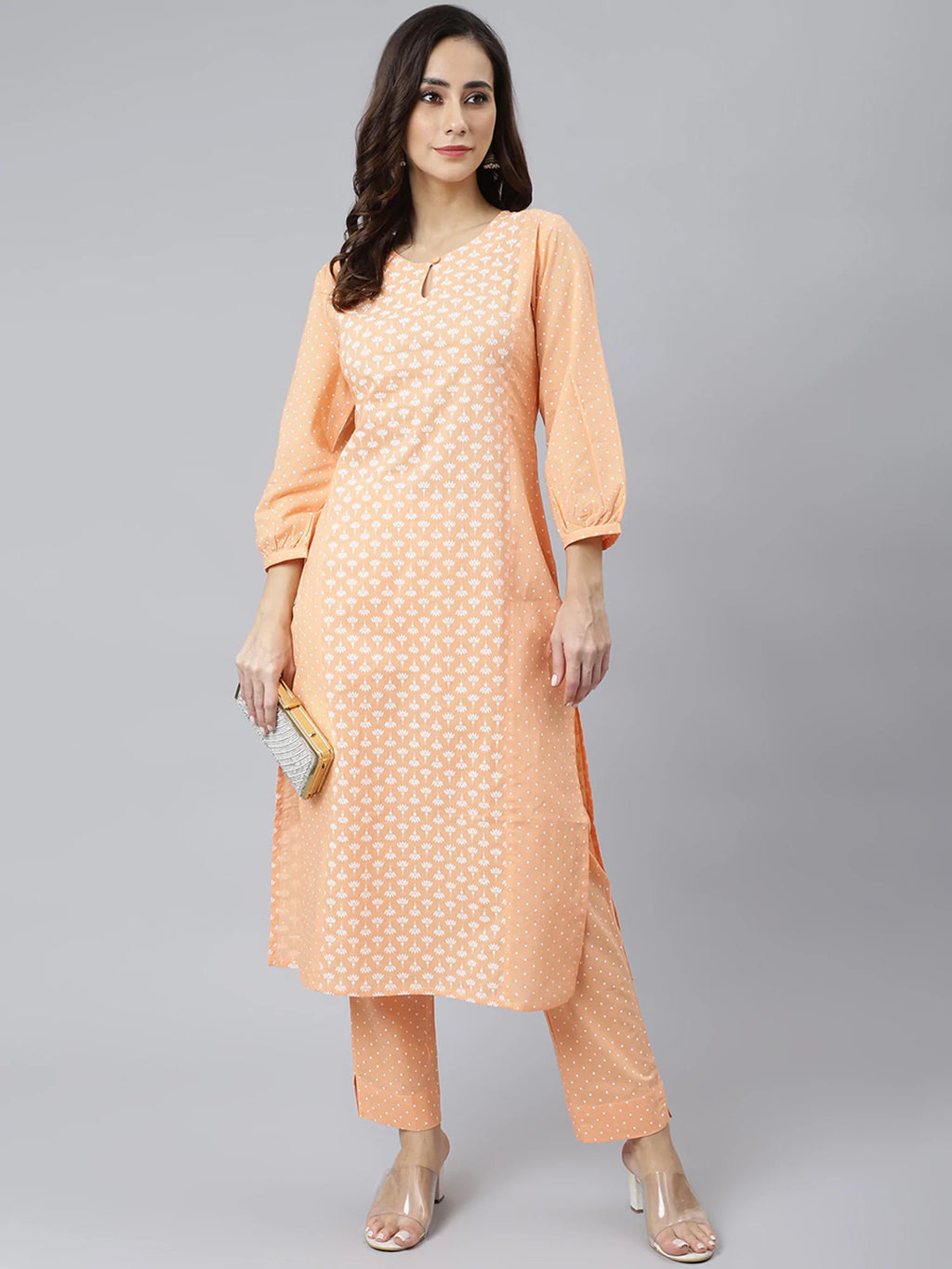 Cotton Orange Khadi Print Kurta Pant Set