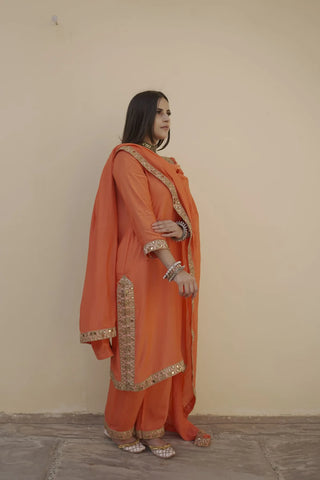 Orange Muslin Lace Detailing Suit Set with Dupatta