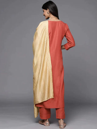 Orange Silk Blend Floral Embroidered Suit Set with Dupatta