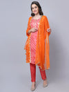 Silk Orage & Pink Bandhani Print Suit Set with Kota Dupatta