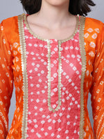 Silk Orage & Pink Bandhani Print Suit Set with Kota Dupatta