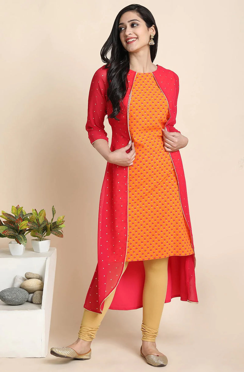 Poly Crepe Orange Floral Print A Line Kurta with Red Attached Jacket
