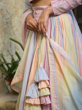 Multicolored Cotton Embroidered Lehenga Set with Organza Dupatta