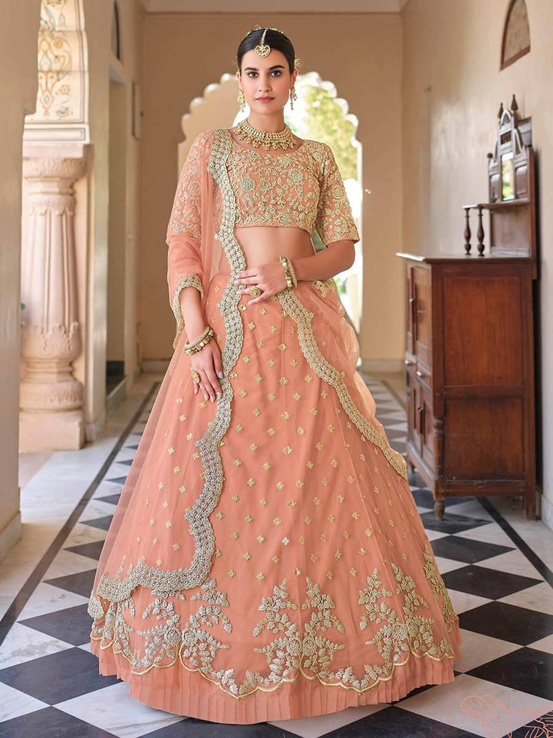 Peach Embroidered and Sequinned Lehenga Suit Set - Ria Fashions