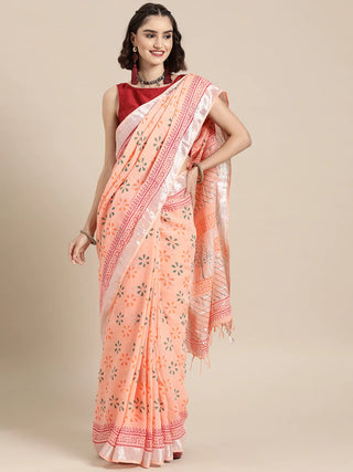 Cotton Linen Peach Ethnic Motif Woven Designed Khadi Saree with Unstitched Blouse