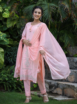 Peach Muslin Silk Zari Embroidered Suit Set with Dupatta