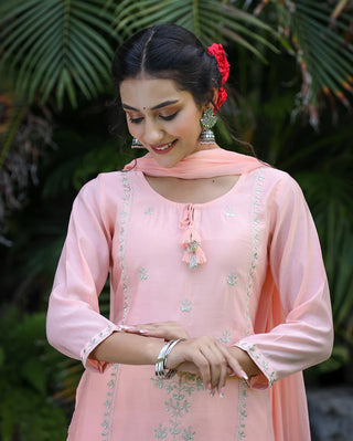 Peach Muslin Silk Zari Embroidered Suit Set with Dupatta