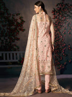 Peach Net Sequins & Thread Embroidered Suit Set with Dupatta