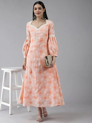 Peach Polyester Floral Print Maxi Style Dress