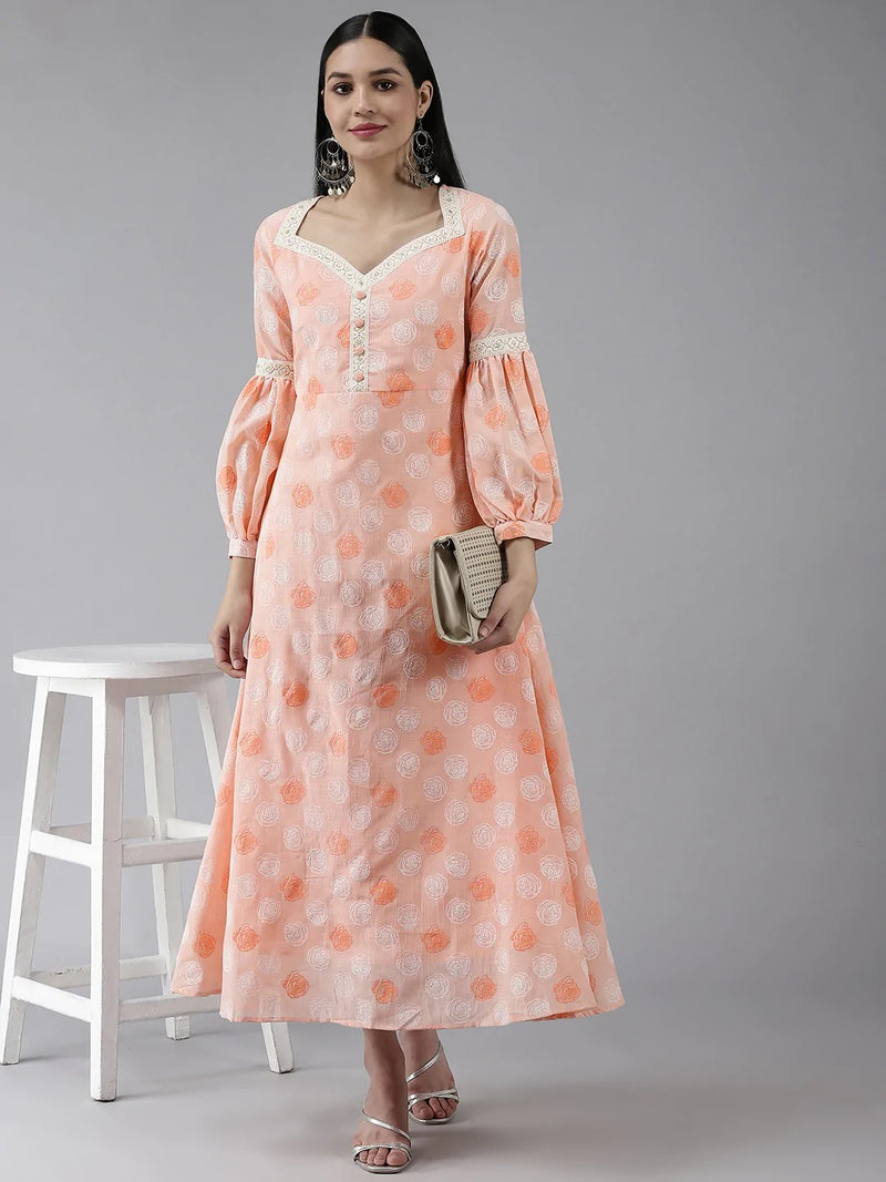 Peach Polyester Floral Print Maxi Style Dress