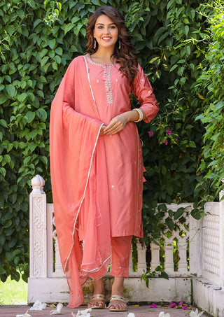 Peach Modal Silk Zari Embroidered & Sequins Detailing Suit Set with Dupatta