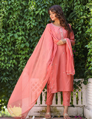 Peach Modal Silk Zari Embroidered & Sequins Detailing Suit Set with Dupatta