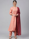 Poly Silk Peach Suit Set with Contrast Dupatta