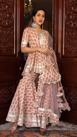 Cotton Peach Floral Print Sharara Set with Soft Net Dupatta